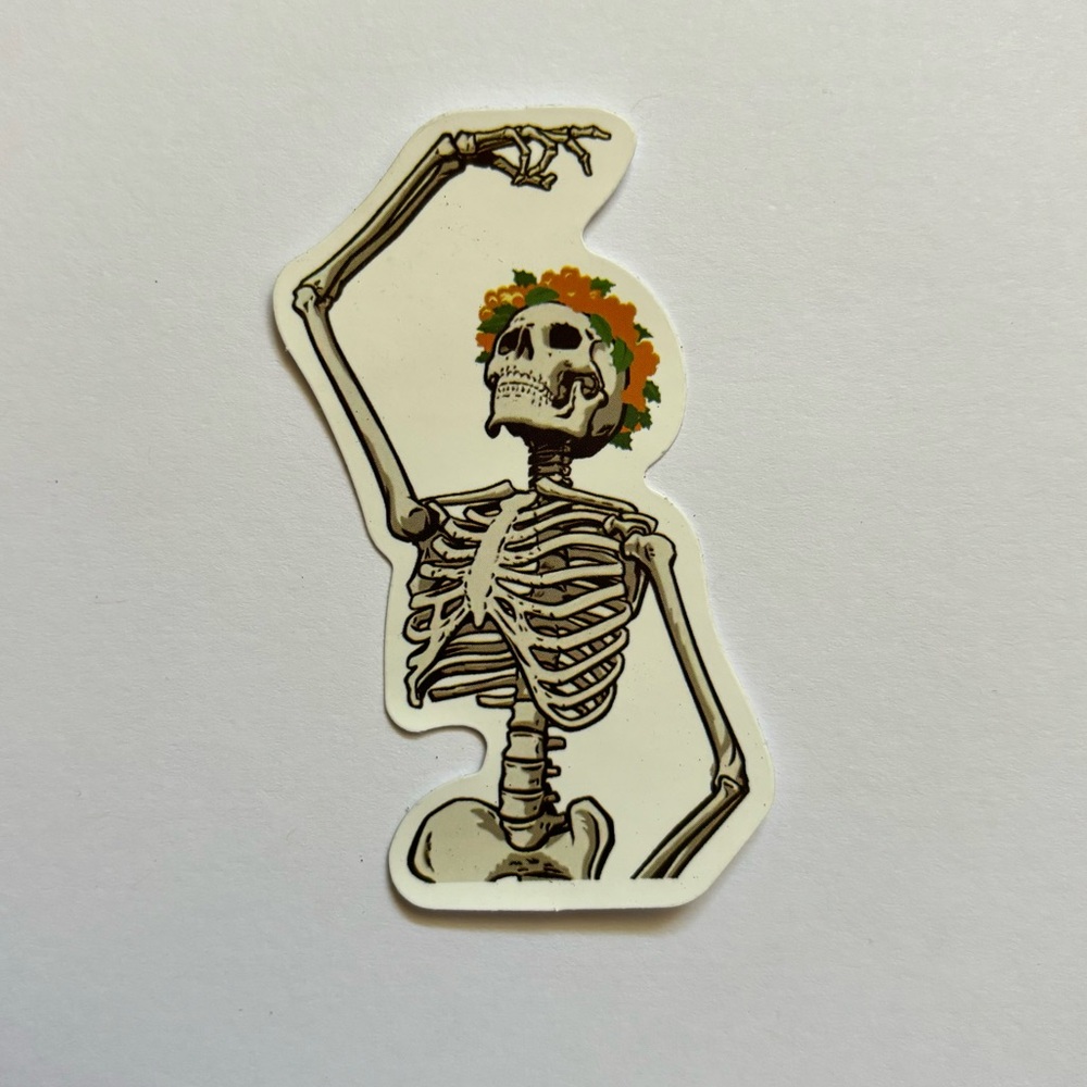 Skeleton Posing with Floral Headband Waterproof Sticker